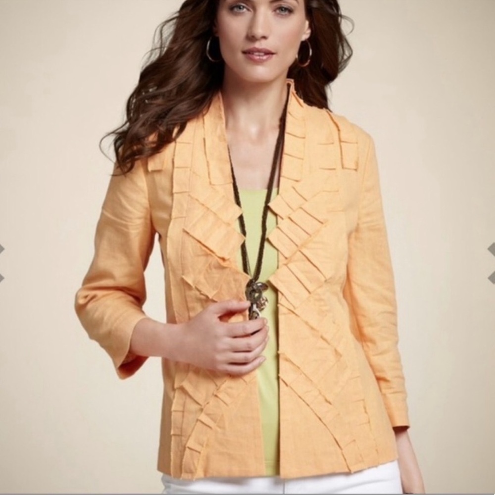 Chico’s‎ Orange Linen Blend Crosshatch Open Front Haley Jacket